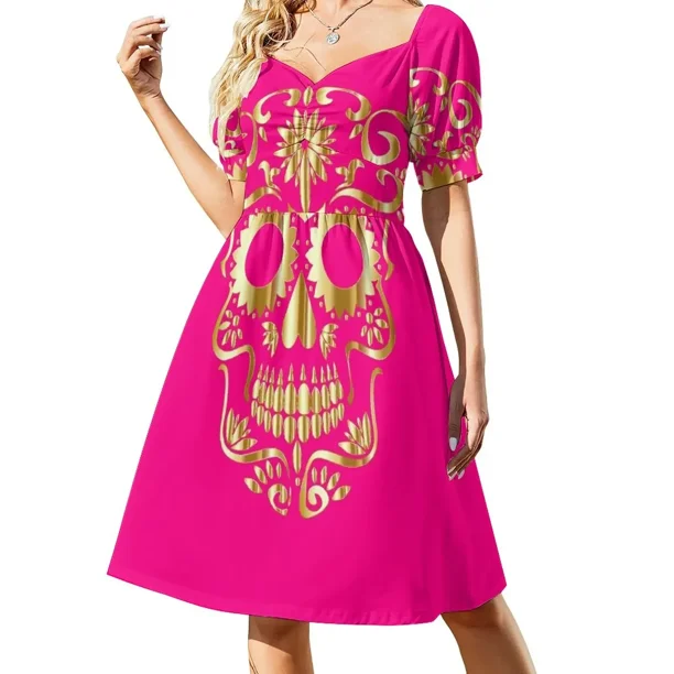 Vestido de manga corta rosa fluorescente con calavera de azúcar, vestido de fiesta, ropa de mujer