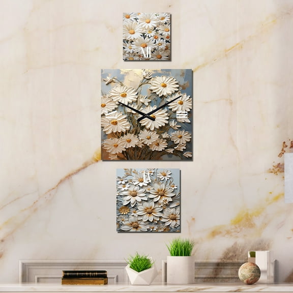 Designart "Elegance of White Daisy Blooms" Daisies Oversized Wall Clock - Set Of 3 - Extra large Clock For Office Décor - Large Traditional Wall Clock