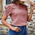 thumbnail image 4 of EQWLJWE Hauts d'Été pour Femmes Hauts pour Femmes Liquidation Mode pour Femmes à Carreaux Col Rond Couleur Unie Manches Bouffantes Manches Courtes Hauts, 4 of 6