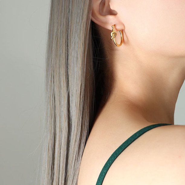 Pendientes sexys de aro adelgazante, pendientes de acero de titanio chapados en oro de 18 quilates, pendientes de círculo con nudo para mujer