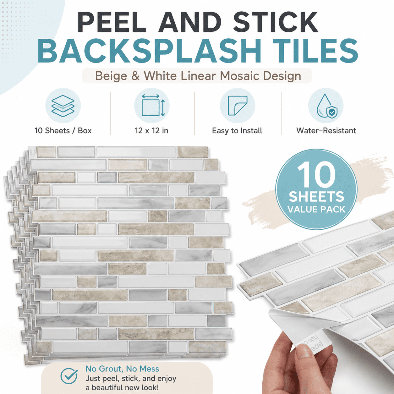 Yeslife 10-Pack Peel and Stick Backsplash Tile, 12" x 12" Beige & White Linear Mosaic Wall Tiles, Self Adhesive Waterproof Stick on Tiles for Kitchen and Bathroom, 10 Sq Ft