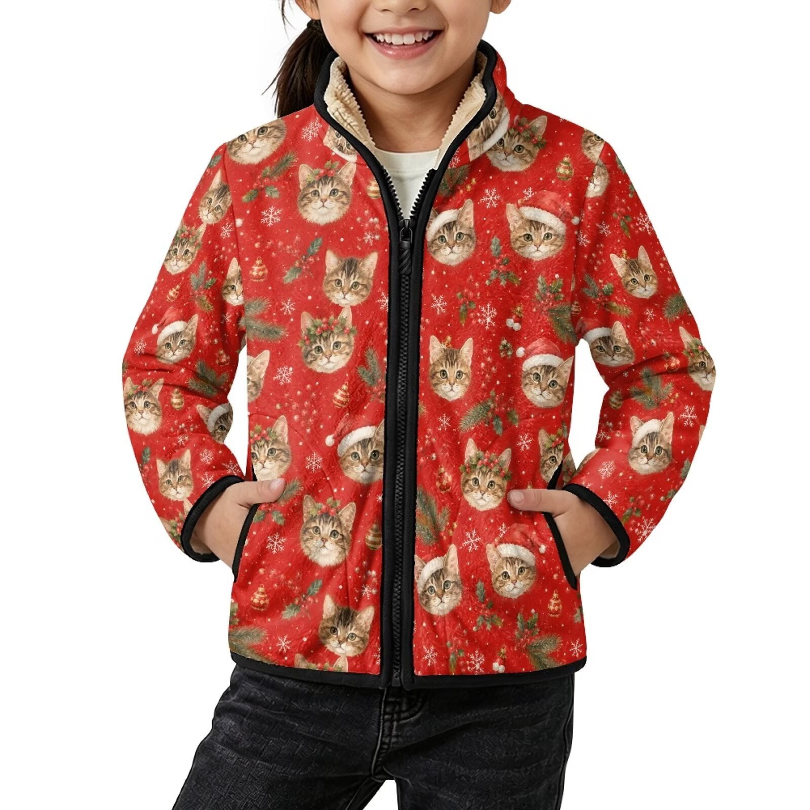 FKELYI Kids Fleece Jacket Christmas Cat Red Print 3Y Faux Sherpa Fleece Jacket Windproof Stand Up Collar Zippered Autumn Winter Layering with Side Pocket Spring Warm Coat