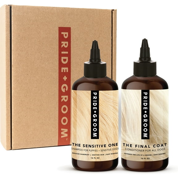 Pride and Groom The Sensitive One Box Set – Dog Shampoo & Conditioner with All Natural Blend of Essential Oils & Ingredients to Soothe, Nourish & Untangle for Long Lasting Shine & Manageability–32oz