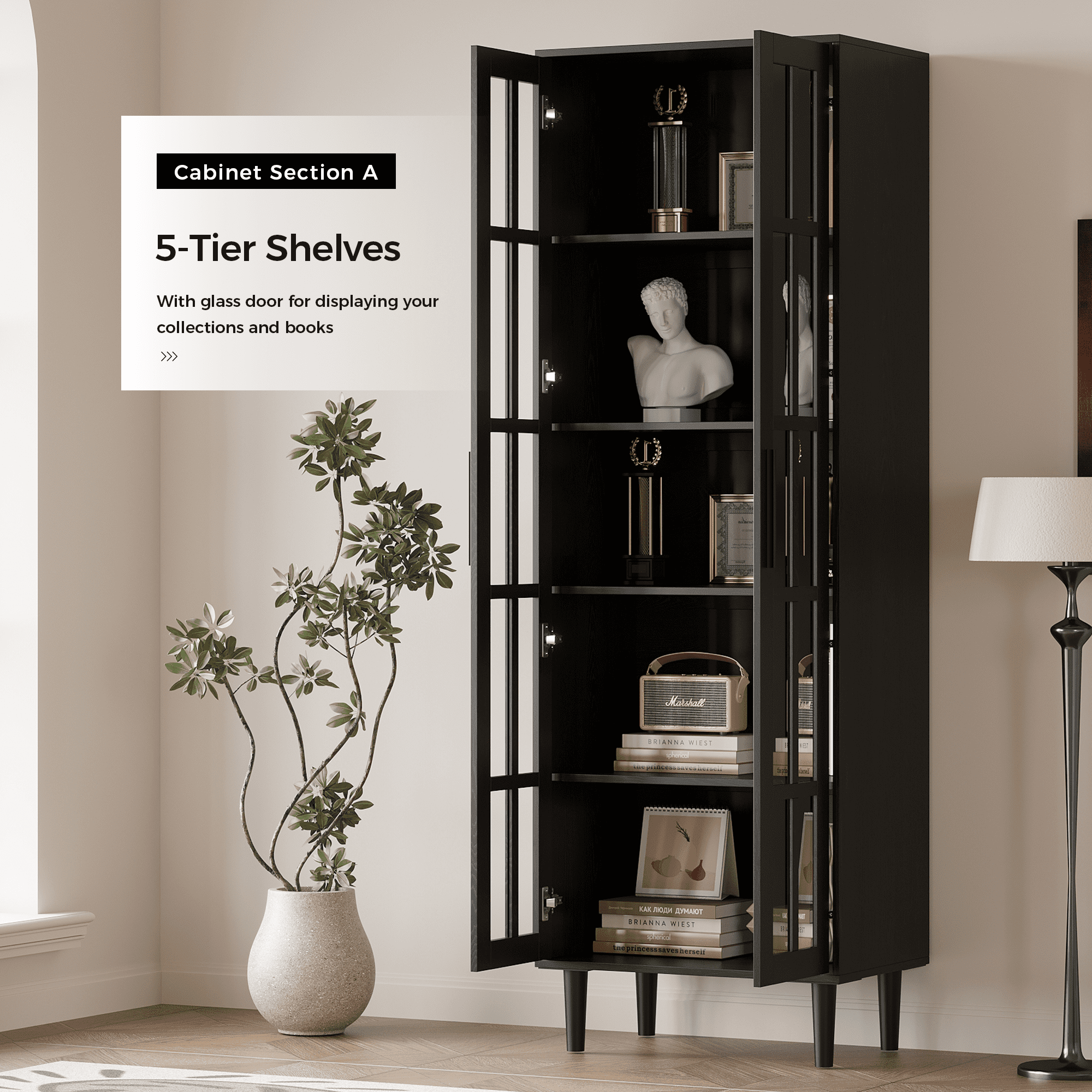 RichYa 71"H Tall Bookcase with Glass Door,2 Doors Display Bookshelf with Metal Legs,5 Tier Storage Cabinets for Living Room,Home Office,Black(A)
