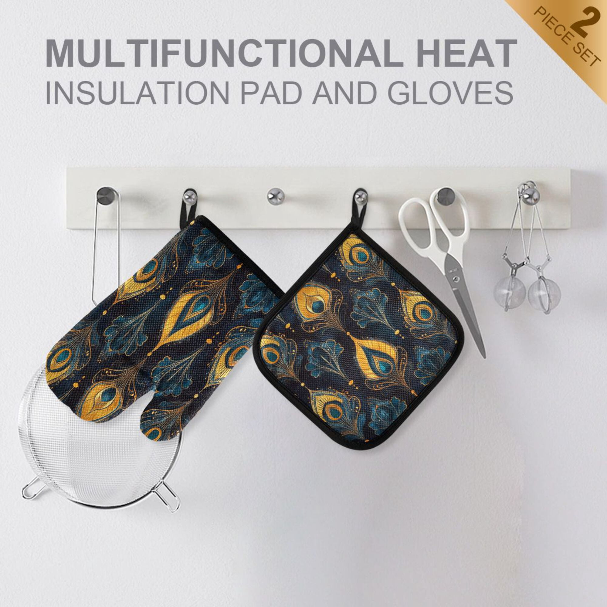 Yayeee Oven Mitts and Pot Holder Set of 2 Heat Resistant Kitchen Gloves Baking Hot Pad, Navy Blue Art Pattern