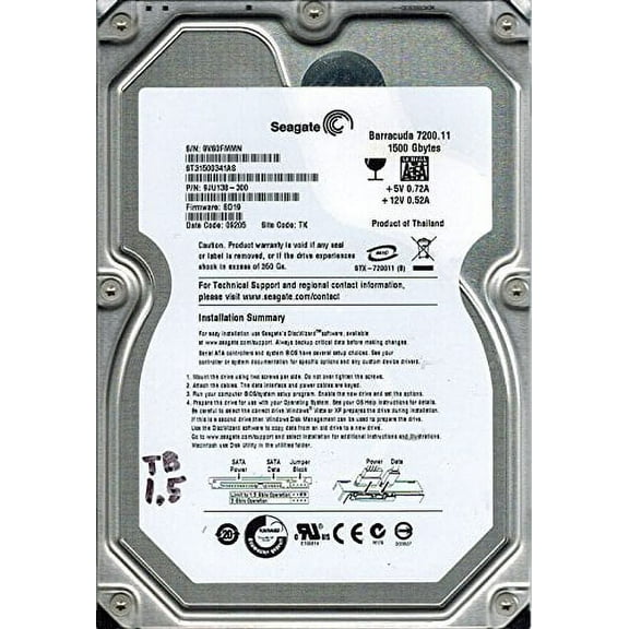 Seagate ST31500341AS P/N: 9JU138-300 F/W: SD19 1.5TB TK