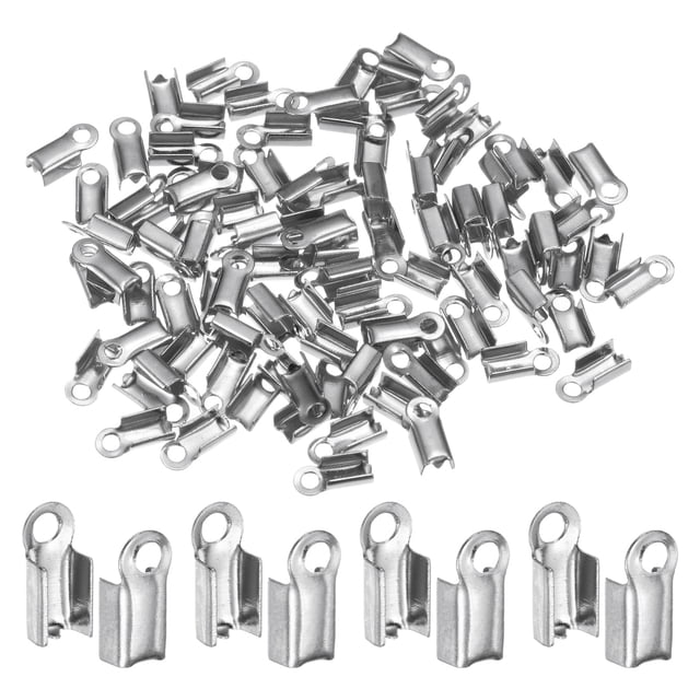 Uxcell 100pcs Fold Over Cord Ends 3mm Brass Crimp Cap Clasp Tips for DIY Leather Ribbon Craft Making, Silver Tone