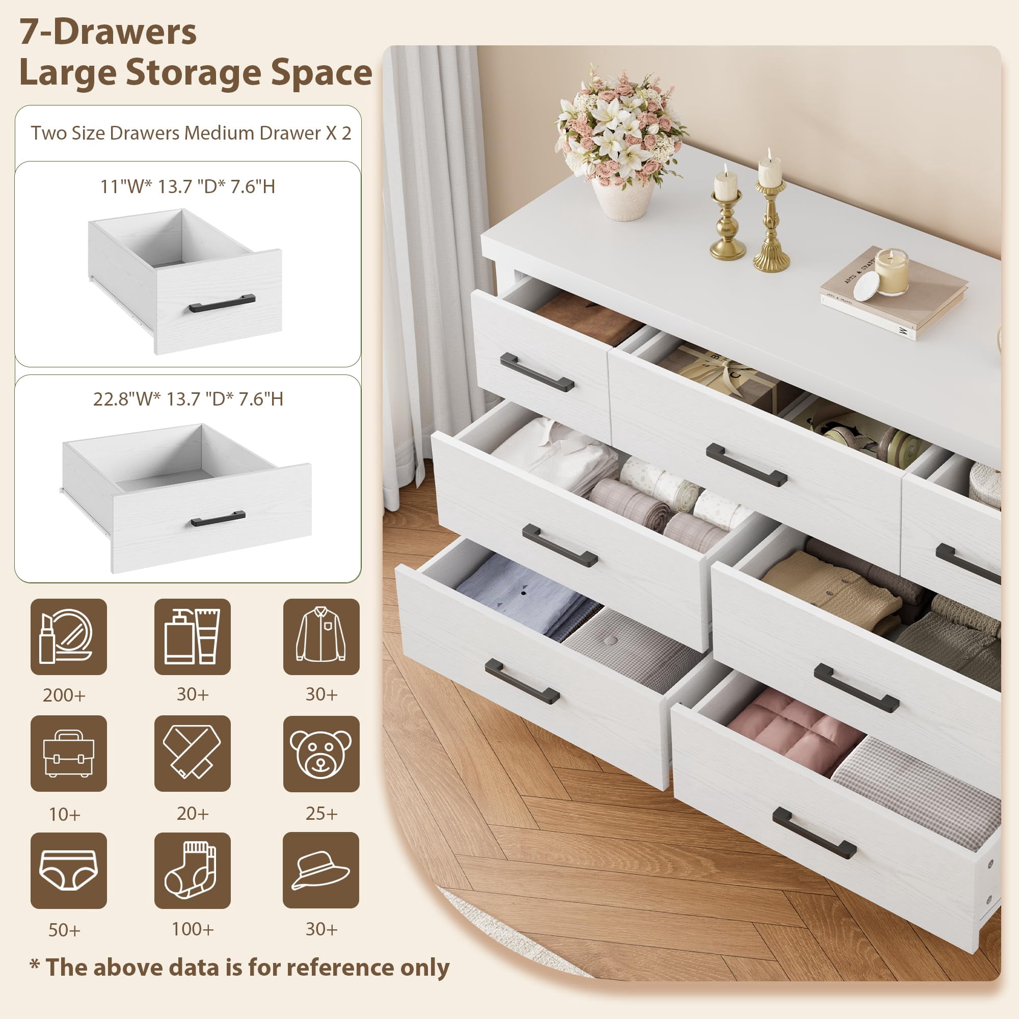 Kicctian 7 Drawer Dresser for Bedroom, 51" Wide Modern Wood Chest of Drawers, Wooden Closet Organizer with Metal Handles, Bedroom Living Room,White