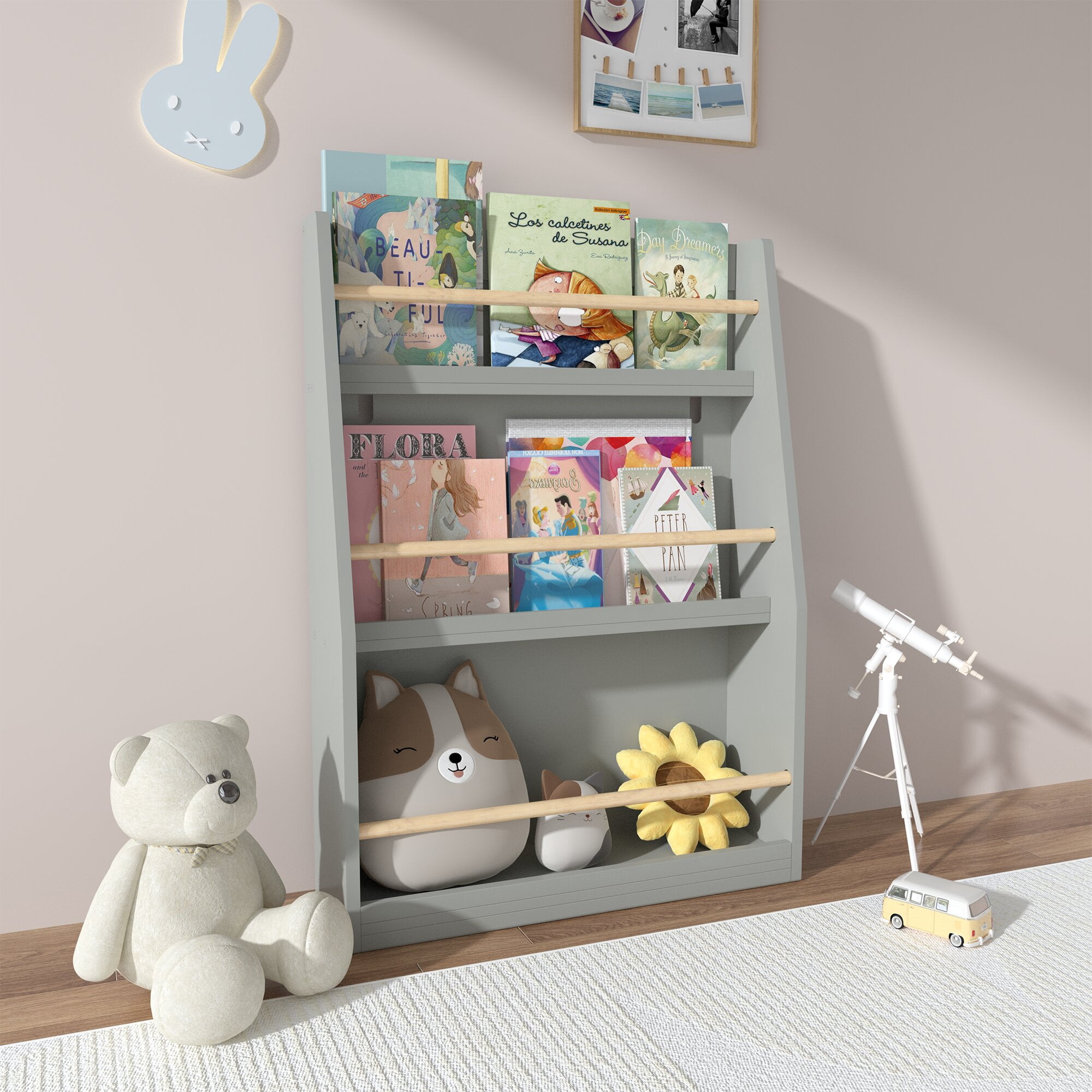Yoneston Kids 3-Tier Bookcase with Wood Rails, Children's Standing Display Bookshelf for Playroom, Bedroom, Nursery, Gray