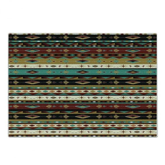 Ethnic Cutting Board, Traditional Essential Motif with Geometric Ornaments Classic Folkloric Print, Decorative Tempered Glass Cutting and Serving Board, in 3 Sizes, by Ambesonne