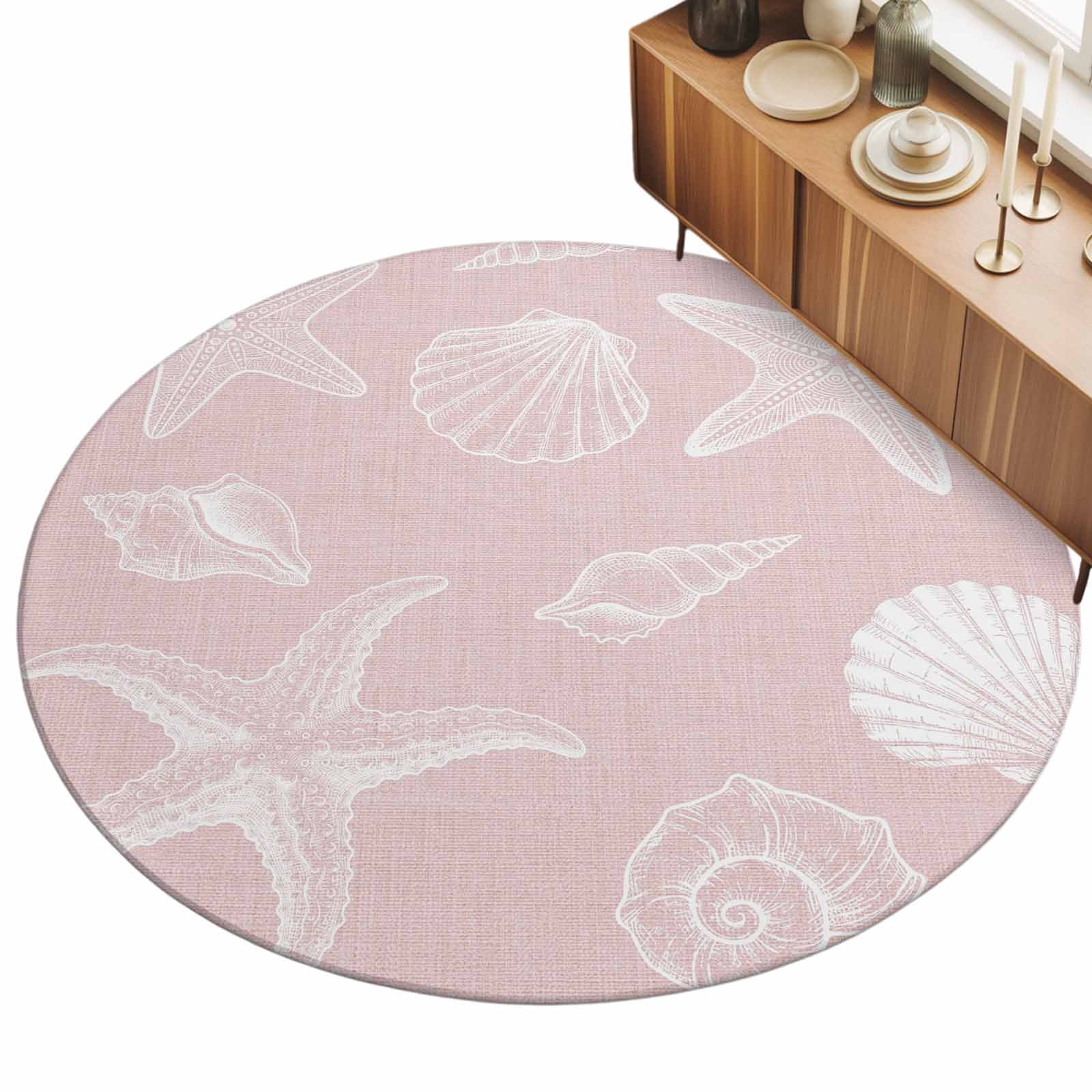 Round Area Rugs 4Ft, Marine Life Non-Slip Washable Circle Rugs Carpet, Summer Ocean Starfish Conch Seashell Pink Indoor Outdoor Rug Floor Mats Throw Runner for Bedroom Living Room Bathroom