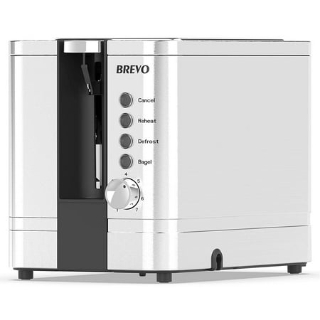 BREVO 2-Slice Extra Wide Slot Toaster for Bagel Breakfast with Brushed Stainless Steel Reheat Defrost 7-Shade