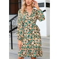thumbnail image 4 of Abstract Print Deep V Neck Stirred Cuff Long Sleeves Belted Waist Front Slit Dress Green X-Large, 4 of 5