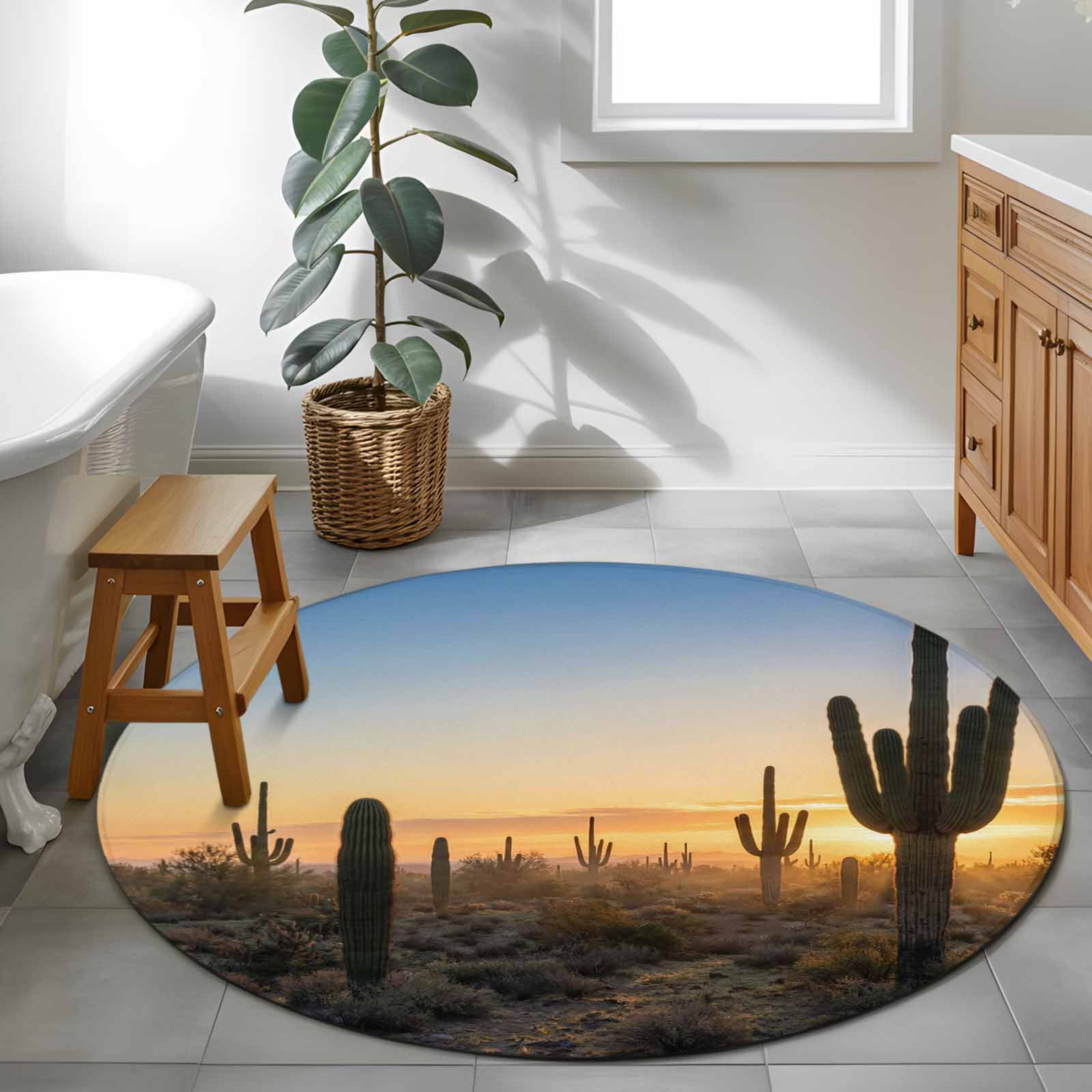 Desert Cactus 4ft Round Rug for Cozy Reading Nook Home Office Chair Area Sunrise Plant Nature Landscape Modern Washable Non Slip Circle Area Rug