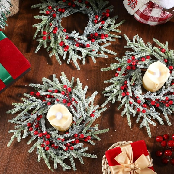 Dalrosia 6PCS Christmas Candle Rings Wreaths, Artificial Red Berries, Snowy Pine Needles Garland, Christmas Wedding Home Table Centerpieces Decoration, for Kitchen Cabinets,Windows,Front Door Pillars