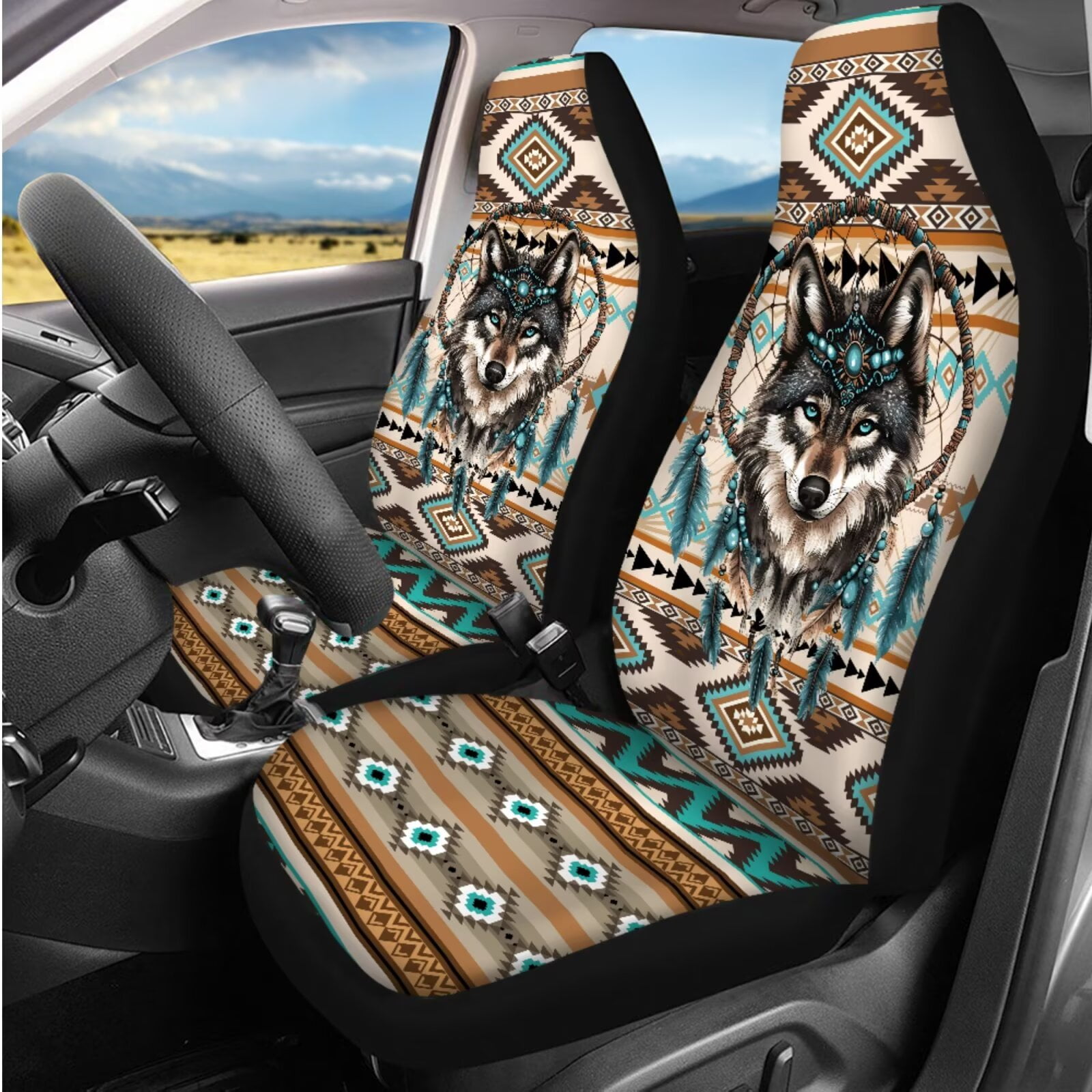HUIACONG Aztec Car Seat Covers Full Set Dreamcatcher Wolf Car Accessories 14 Pcs - Front and Back Seat Covers with Seatbelt Covers Armrest Cover Steering Wheel Cover Headrest Cover Coaster Keychain