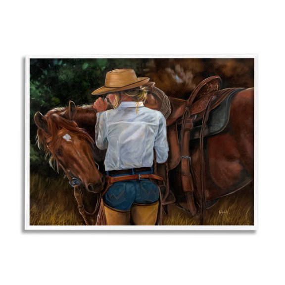 Stupell Industries Cowgirl Tending to Horse Animals & Insects Painting White Framed Art Print Wall Art, 20 x 16