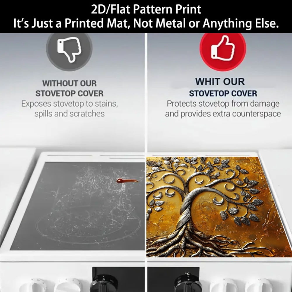 1 2D/flat stove cover protection pad, with a gold base and silver decoration crescent-shaped curve tree pattern design, 28.3x20.5 inches (72×52cm), easy to clean, perfectly suitable for any kitchen,