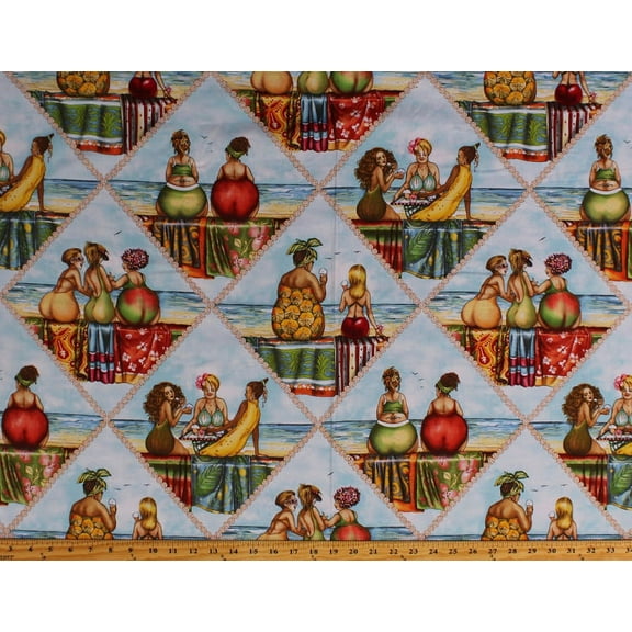 Cotton Mary Stewart Fruit Ladies Summer Beach Diamonds Patchwork Cotton Fabric Print by the Yard (1517-blue)