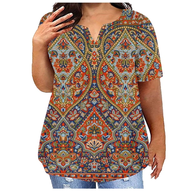 Camisetas Casuales de las Mujeres Largo Casual Impreso Cuello Redondo Suelto Top, Camiseta de Verano de Manga Corta