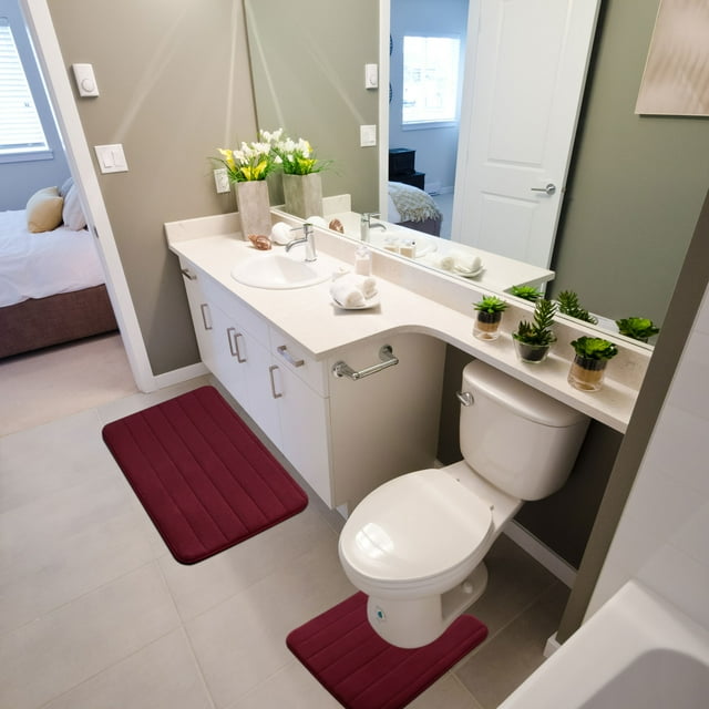 Home Memory Foam Non-slip Washable Warm Toilet Pads Mats Rug 2 in 1 Burgundy