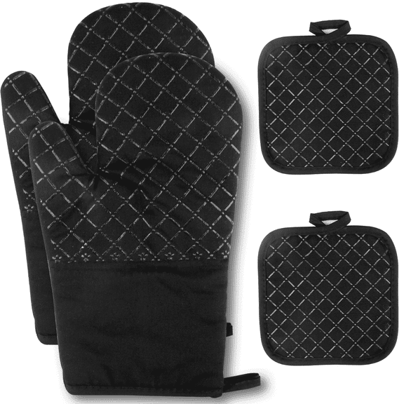 SUGARDAY Silicone Pot Holders and Oven Mitts Sets Kitchen Gloves Heat-Resistant Non-Slip for Baking Cooking Black 4pcs