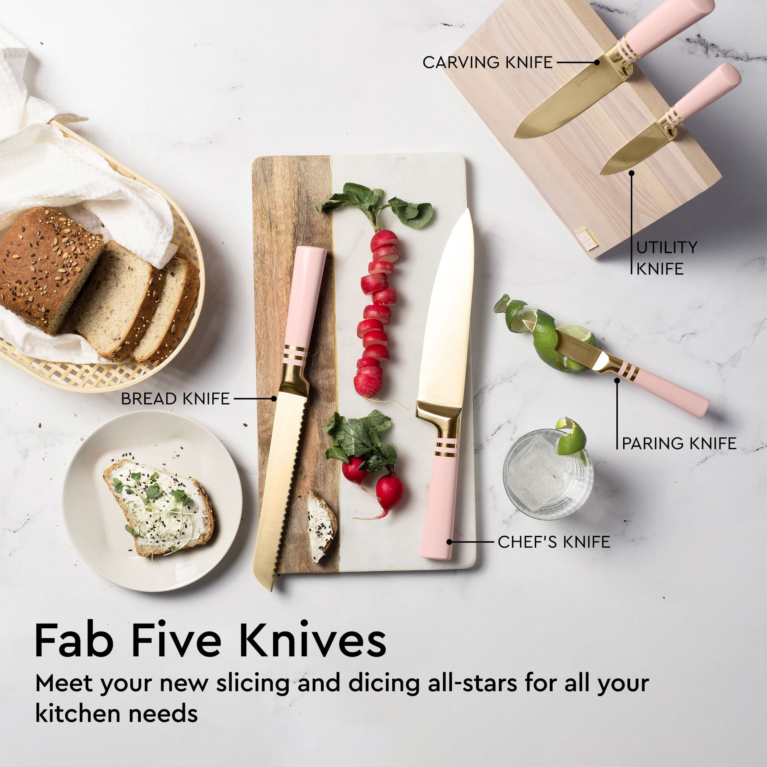 Styled Settings Pink and Gold Knife Set, 6-Piece Stainless Steel