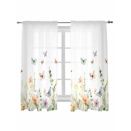 Spring Floral Curtains 72 Inch Length Sheer Curtains for Bedroom Living Room Window Butterfly Summer Botanical Watercolor Rod Pocket Voile Drapes Kitchen Curtains Small Half Window 52 x72 2 Panels