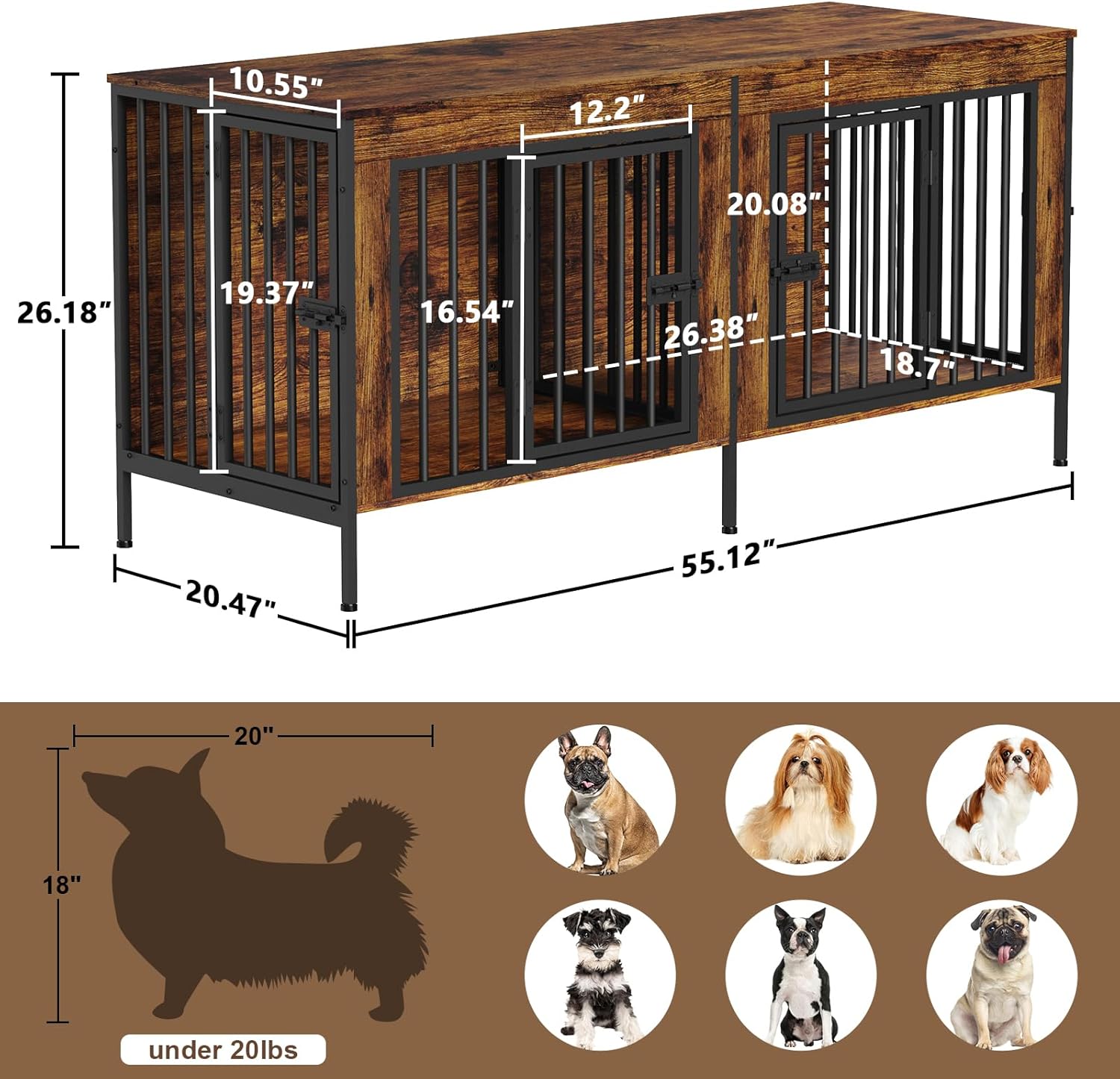 POAO 55.12" L Dog Crate Furniture for 2 Dogs, Heavy Duty Double Dog Crates for Small Dogs(0-20 Pounds), Dog Kennel Furniture Indoor as TV Stand,Brown