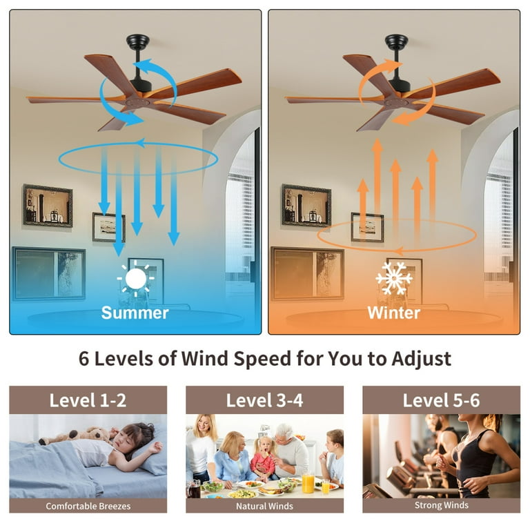 60 Inch Wood Ceiling Fan with Remote, 5 Blades Quiet DC Motor, 6