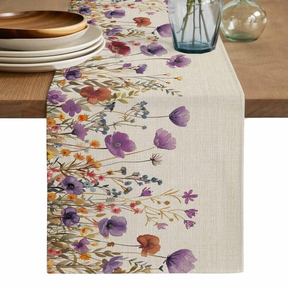 Purple Red Spring Floral Table Runner, Watercolor Botanical Summer Flowers Cotton Linen Table Runners 108 Inches Long, Dresser Scarf Runner for Dining/Living Room/Kitchen/Square Tables 13''x108''