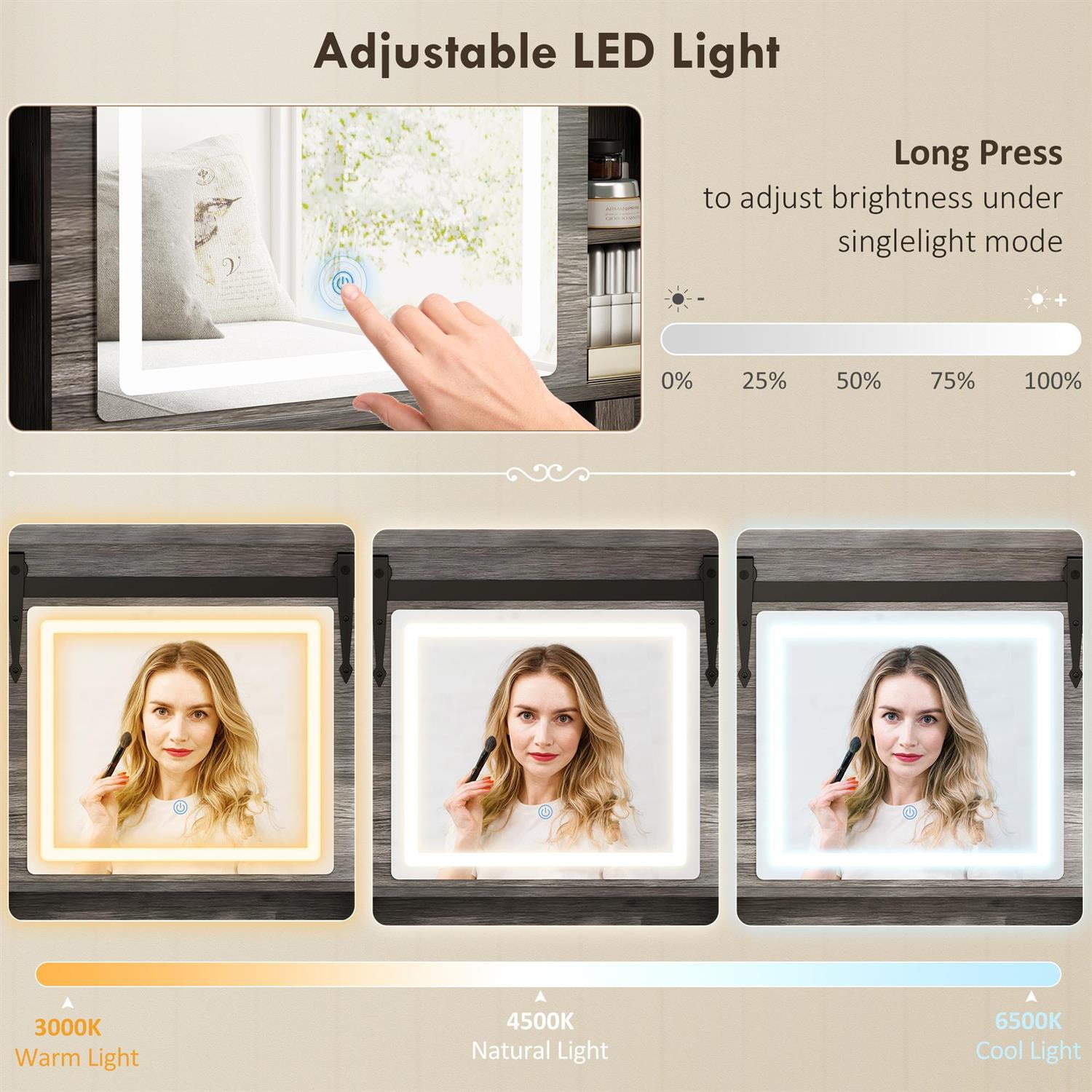 Demi Bonn 54" Modern Vanity Set with Mirror, Lights & Cushioned Stool, Storage Drawer, Cabinet & Shelves for Bedroom, Gray