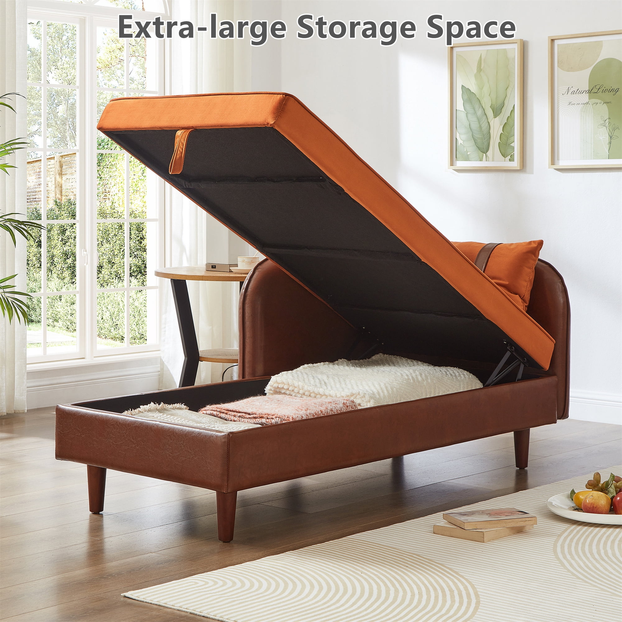 Aukfa 65" Storage Chaise Lounge Indoor Leather Sofa for Living Room Bedroom, Wooden Legs, 2 Pillows, Brown & Orange