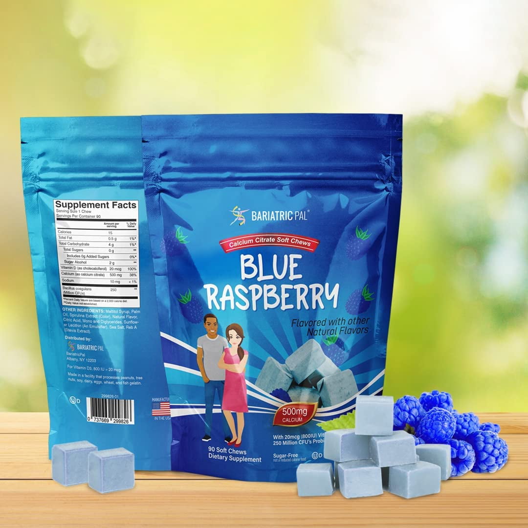 BariatricPal Sugar-Free Calcium Citrate Soft Chews 500mg with Probiotics - Blue Raspberry Size: 90ct