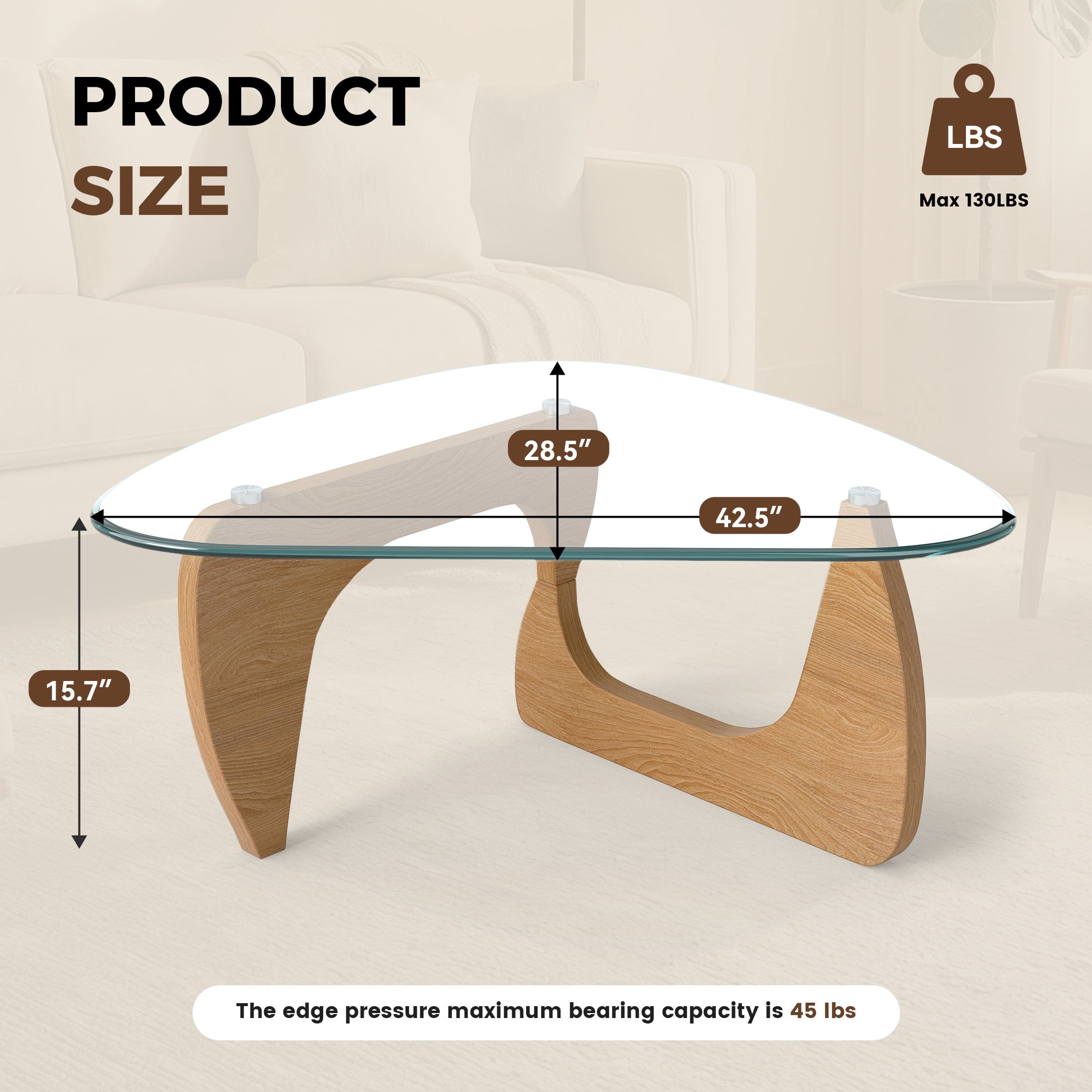 Daluvenix Modern Glass Coffee Table Triangle Coffee Table for Living Room with Glass Top and Wood Base