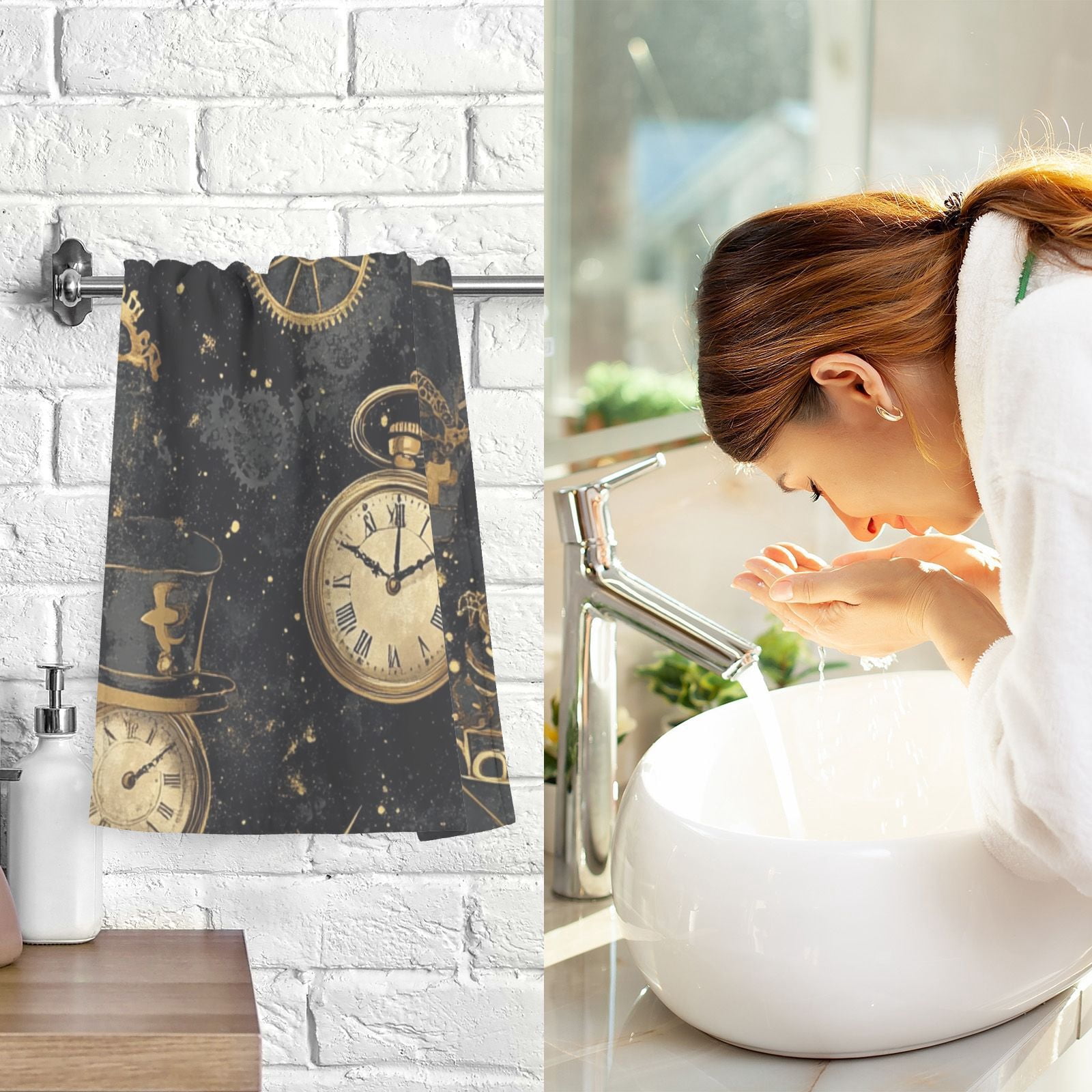 Gold Clocks Machines Hats Hand Towels Cotton Bath Towels Large Face Towels Absorbent for Bathroom 2 Packs