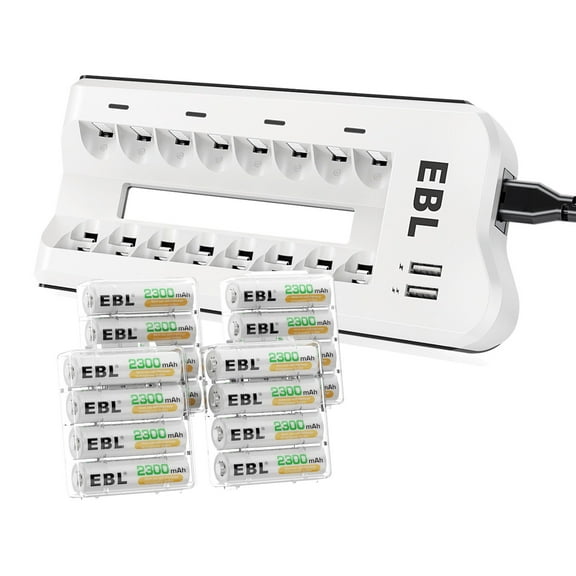 EBL 2300mAh Ni-MH AA Rechargeable Batteries (16 Pack) 1.2V and Rechargeable AA AAA Battery Charger with 2 USB Charging Ports