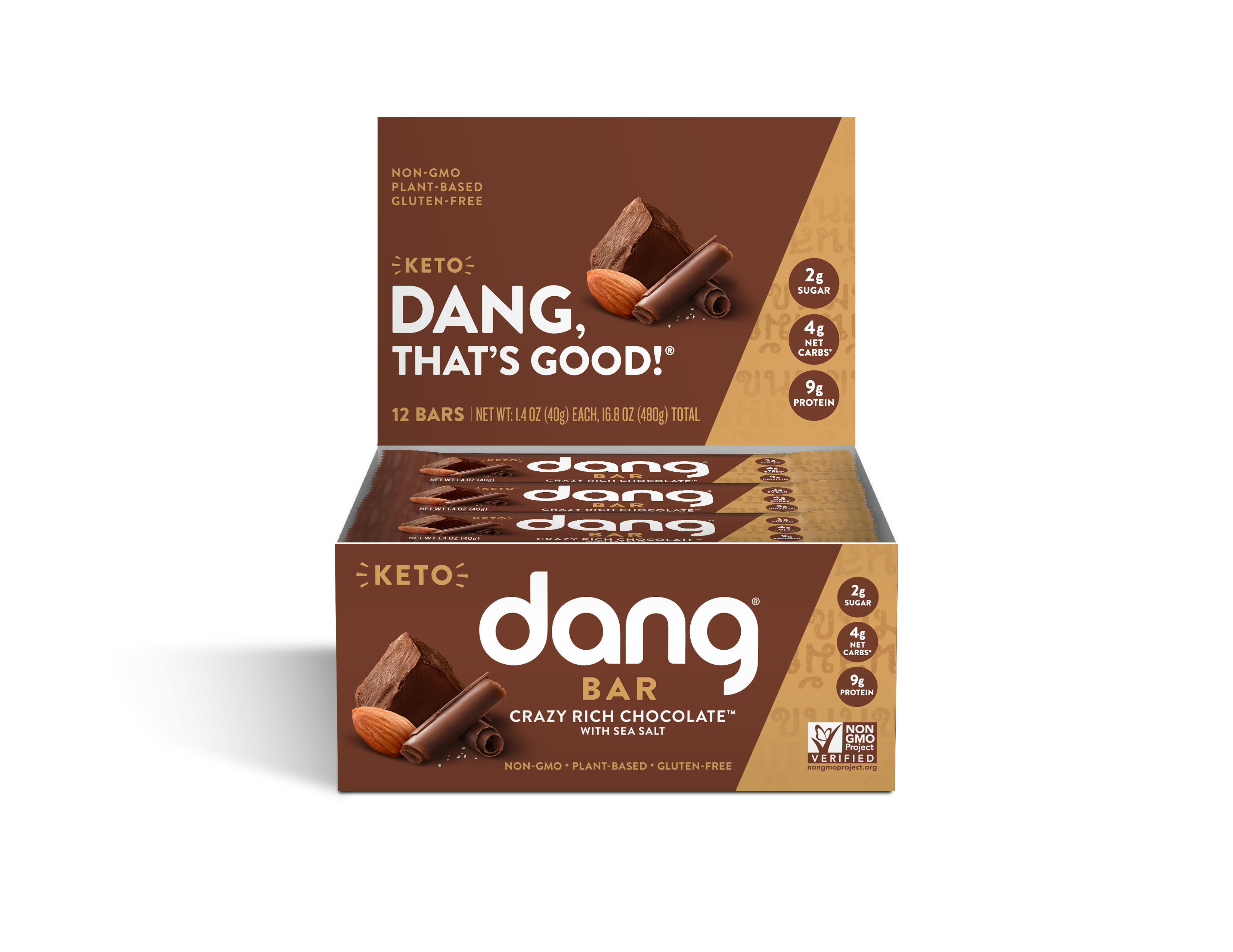 Dang Bar, Crazy Rich Chocolate, Keto, Low Sugar, Plant Based, Gluten Free, 1.4 Oz, 12 Ct