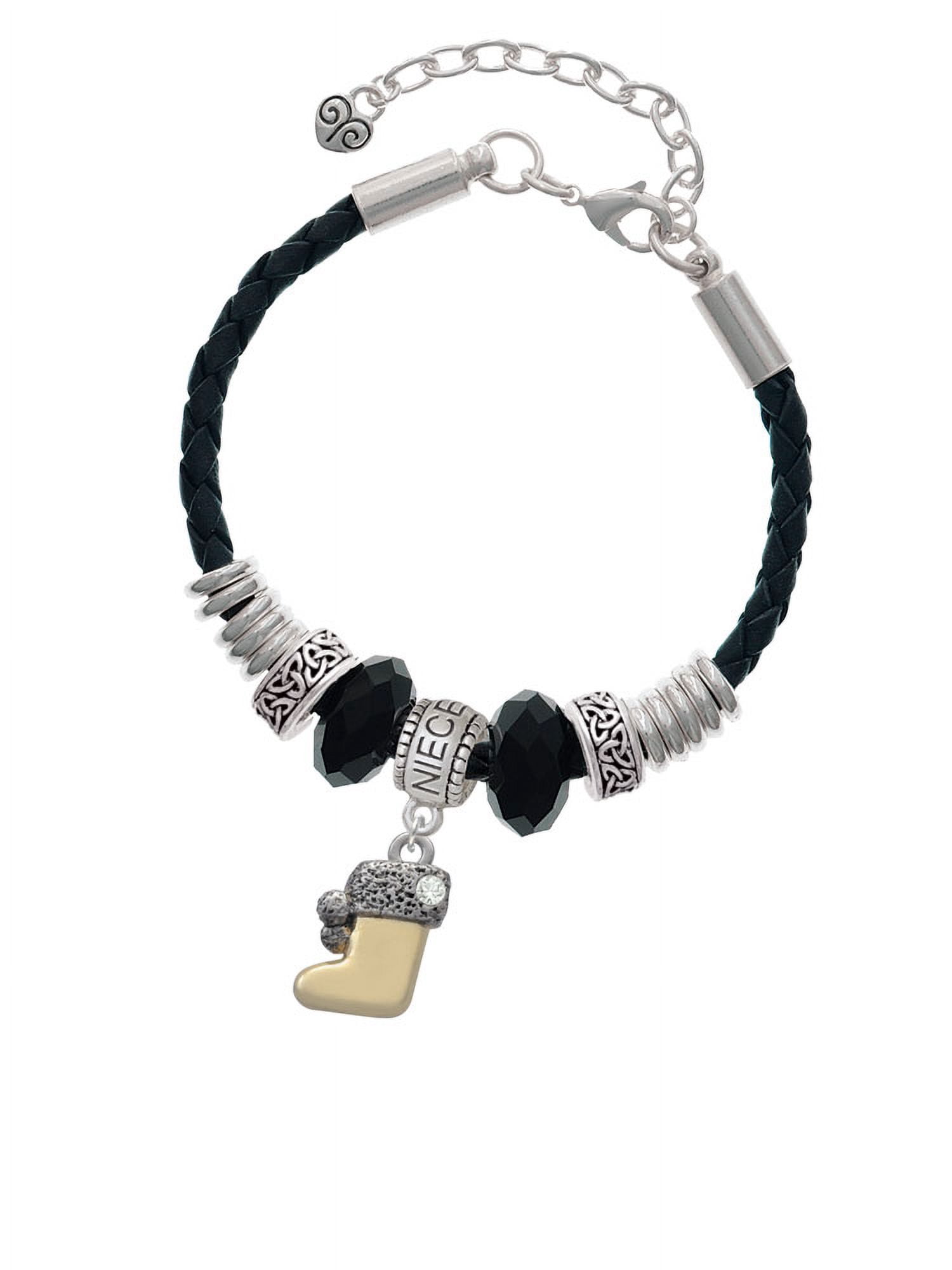 Delight Jewelry Two-tone 3-D Stocking with Clear Crystal Niece Celtic Knot Leather Bead Bracelet, 7"+2" Extender