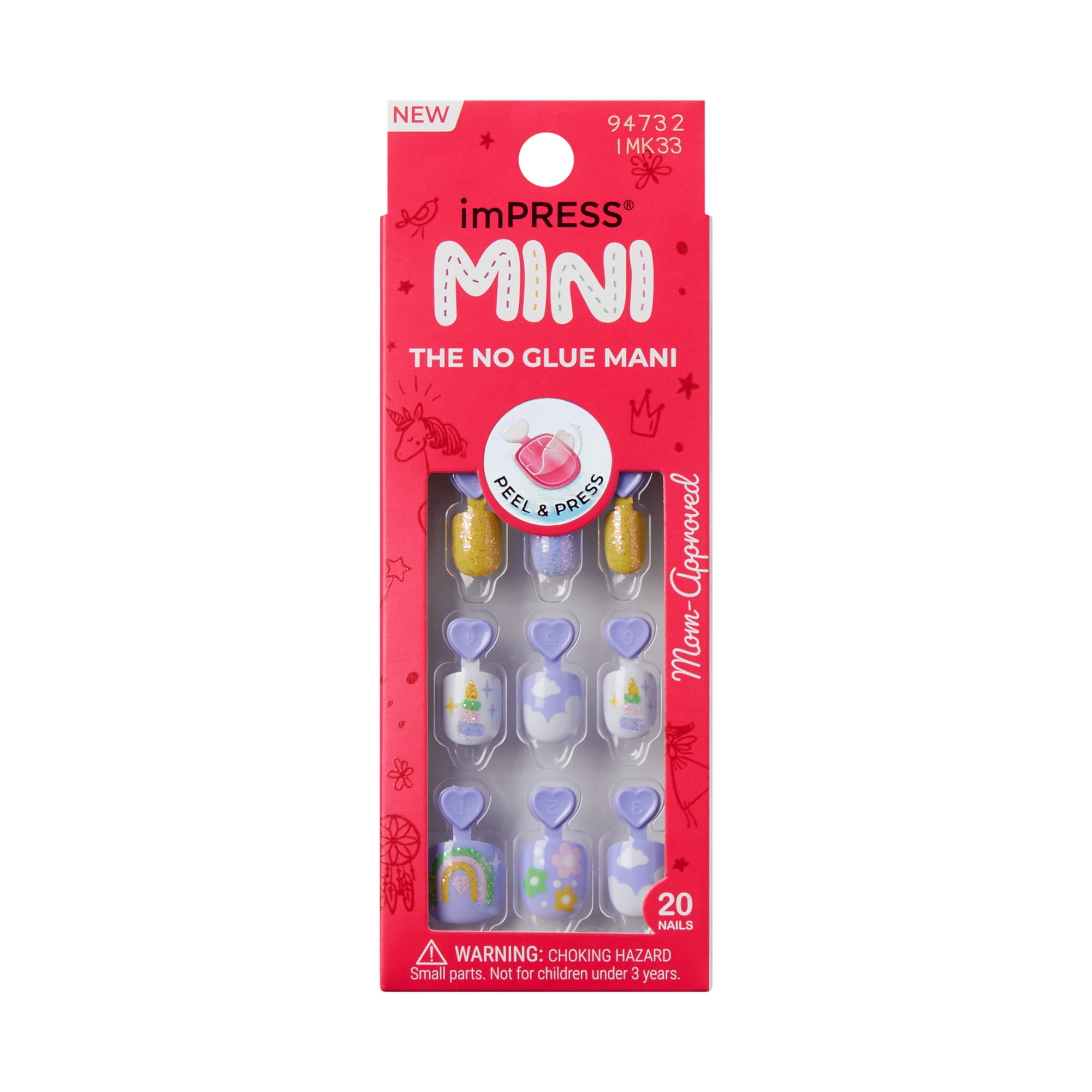 (2 pack) Impress Mini Press On Nails for Kids, ‘Fairest of All’, Purple, Squoval, 20 Count