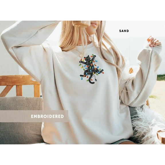 Black Cat Embroidered Sweatshirt Festive Lights Jumper Funny Holiday Jumper Cute Gift for Cat Lover Ugly Sweater Cozy Gift Cat Embroidery
