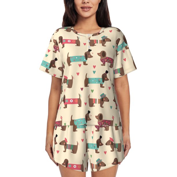Fotbe Dachshund Dog Puppy Conjunto de Pijama Estampado para Mujer, 2 Piezas, Ropa de Dormir con Camiseta de Manga Corta y Shorts Suaves-Medium