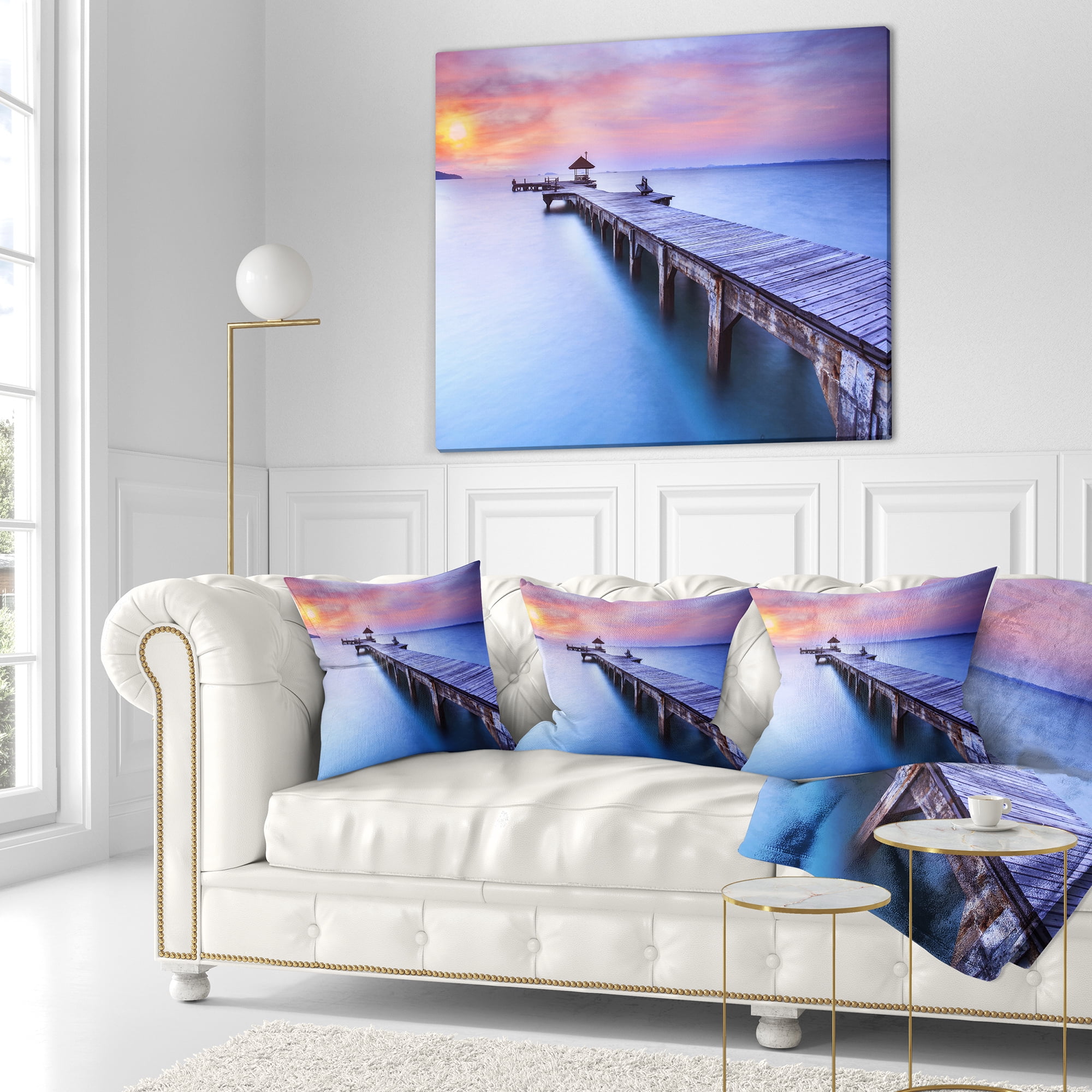 Designart Beach with Blue Waters and Wood Bridge - Pier Seascape Throw Pillow - 16x16