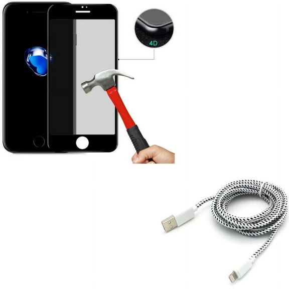 iPhone 7/8 PLUS Privacy Screen Protector w 6ft USB Cable - Tempered Glass Curved Anti-Spy Anti-Peep, Charger Cord Power Wire Braided for iPhone 8 PLUS/7 Plus