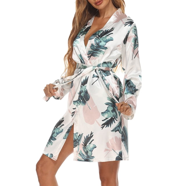 Albornoz Corto para Mujer Camisones Estampados De Manga Larga Bata con Cuello En V Ropa De Dormir Transpirable con Cinturón para Vacaciones En Casa Blanco S