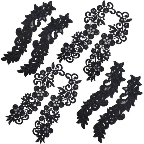 1bag 4 Pairs Flower Lace Applique Black Floral Embroidered Sew on Patches Fabric DIY Wedding Dress Headwear Collar Neckline Mesh Trims for Sewing Clothing Hat Bag Jeans Accessories