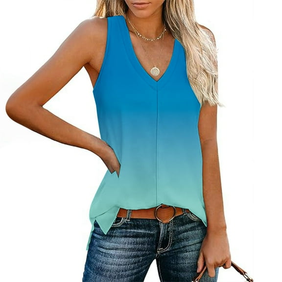 Aueoeo Gradient Color Tank Top For Women Lighjtweight V Neck Sleeveless Vests Bottom Hem Split Top Trendy Flowy Blouse