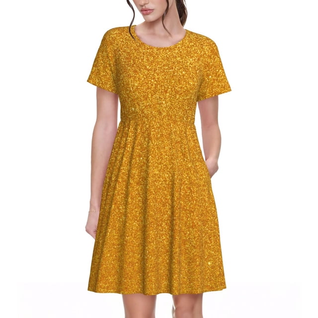 Bixox Robe d'Été à Manches Courtes pour Femmes Robe Ample Longueur Genou avec Poches-Pailletée Dorée