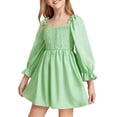 thumbnail image 2 of Auroural Girls Long Sleeve Dresses Kids Girls Summer Cute Solid Color Long Sleeve A Line Dress Pleated And Ruffle Sleeve, 2 of 6