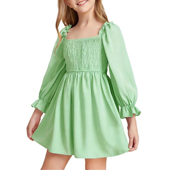 Zpanxa Girls Long Sleeve Dress Girls' Long Sleeve Smocked Square Neck Floral Dress Loose A-Line Summer Holiday Outfit